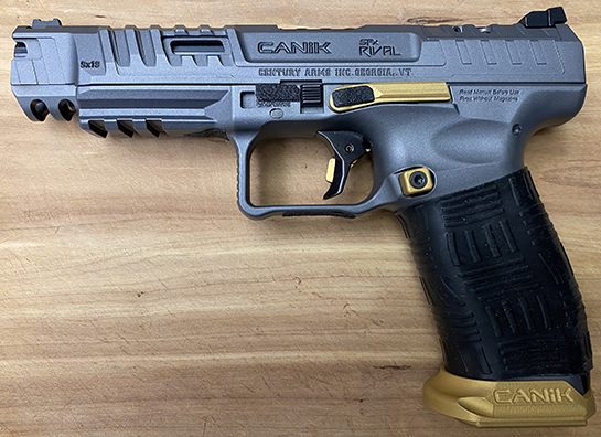 Sent to us by W.A. ~ TUFF1 Double Cross Black on Canik Rival Grey with Cerakoted gold accents